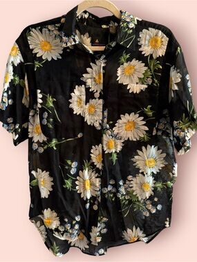 Vintage Liz Sport Daisy Floral Button Up Shirt Black 100% Cotton